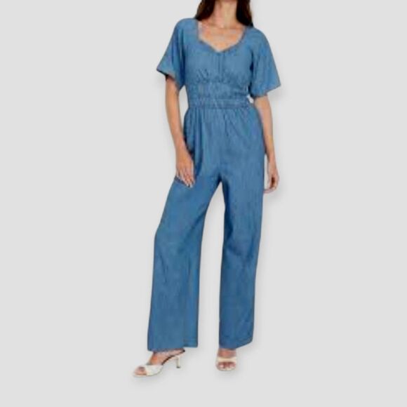 NWT XL NWT Empire Waist Smocked Chambray Denim Jumpsuit Western Milkmaid Preppy - Picture 9 of 9